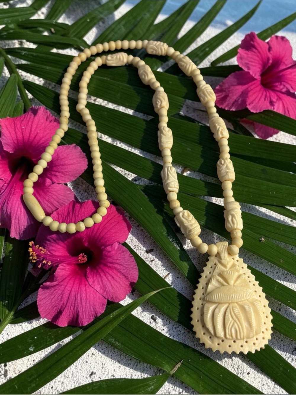 Vintage Hand Carved Bovine Bone Celluloid Pendant Necklace 22” 4” Pendant Ornate